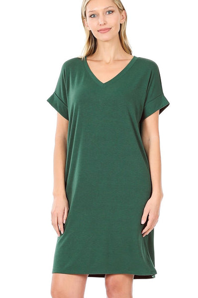 ROLLED SHORT SLEEVE V-NECK DRESS