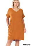 ROLLED SHORT SLEEVE V-NECK DRESS- PLUS/